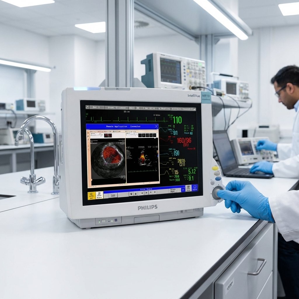 Ingeniero biomédico con guantes azules ajustando un monitor de signos vitales Philips IntelliVue en un laboratorio de mantenimiento.