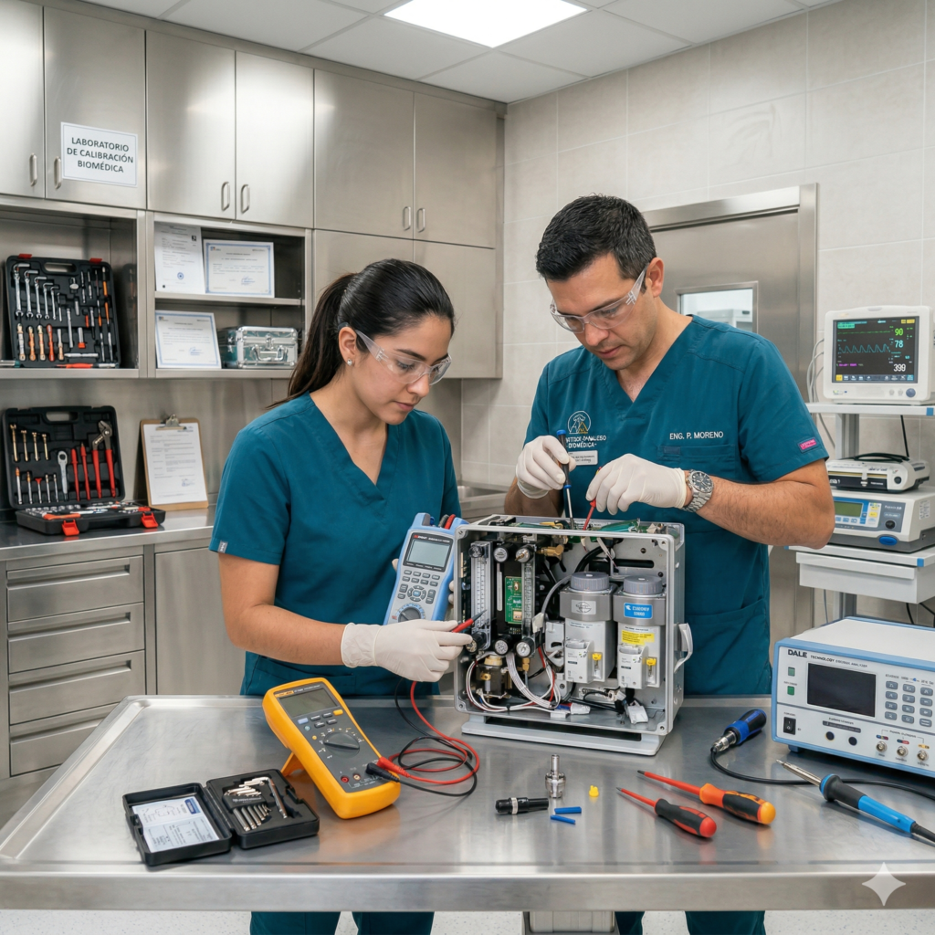 Dos ingenieros biomédicos con uniformes y lentes de seguridad reparando un equipo médico abierto con herramientas profesionales en un laboratorio.