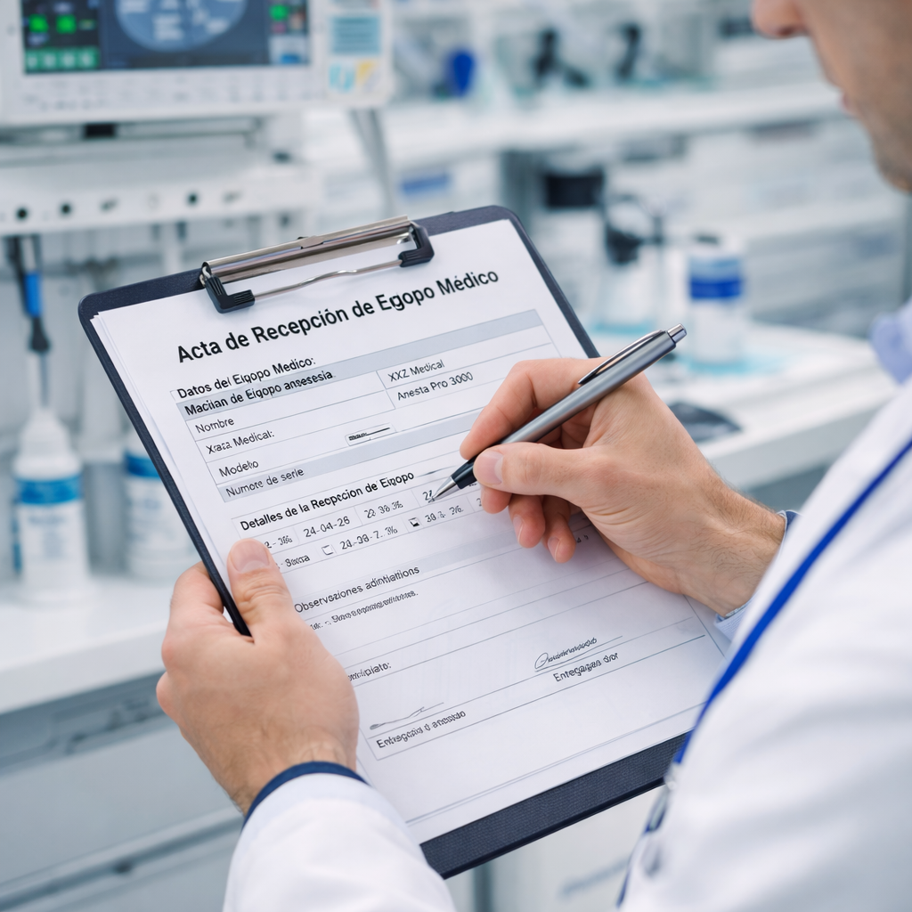 Ingeniero biomédico llenando un acta de recepción de equipo médico en un hospital, formato técnico BIO-ADQ de Cursos Fjbiomédica